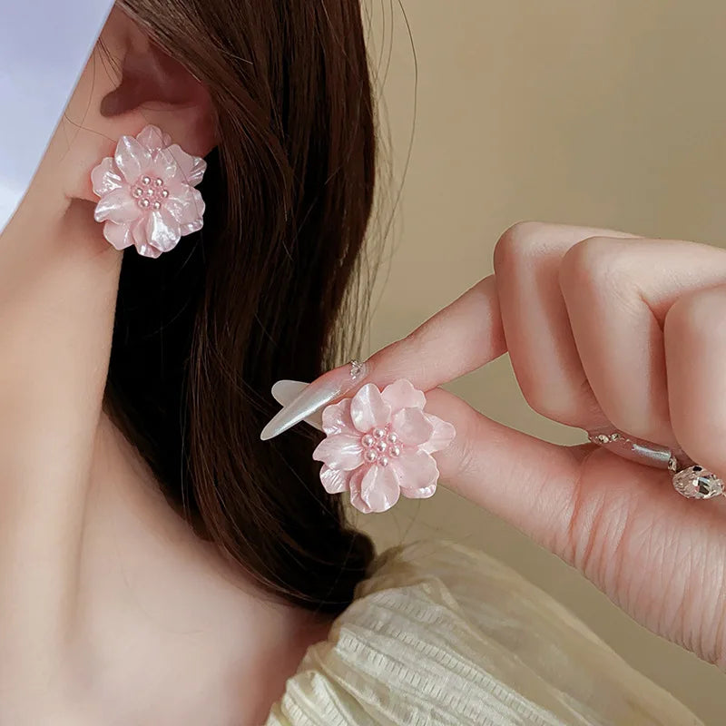 Kaitin Acrylic Pink Flower Pearl Earrings Ins Simple and Fashionable Earrings Temperament Versatile Earrings Wholesale for Women