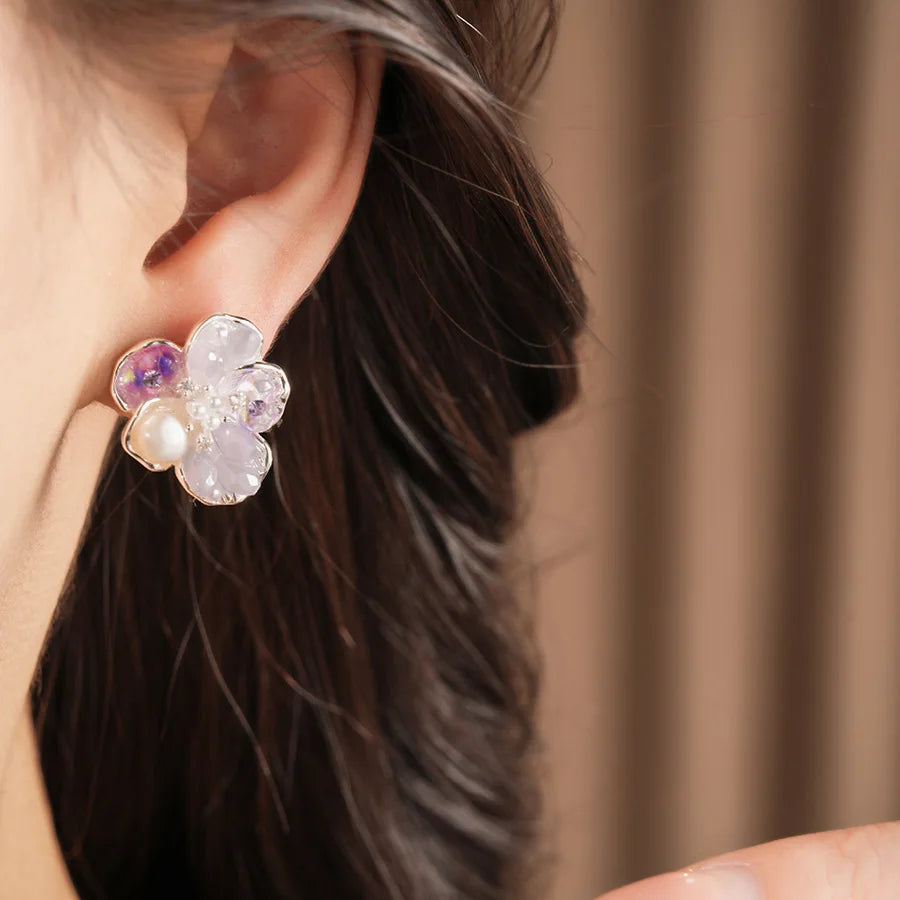 Iridescent Glass Beads Zircon Flower Stud Earrings Pastel Floral Imitation Pearl Earrings for Women Fairy Dating Daily Jewelry N