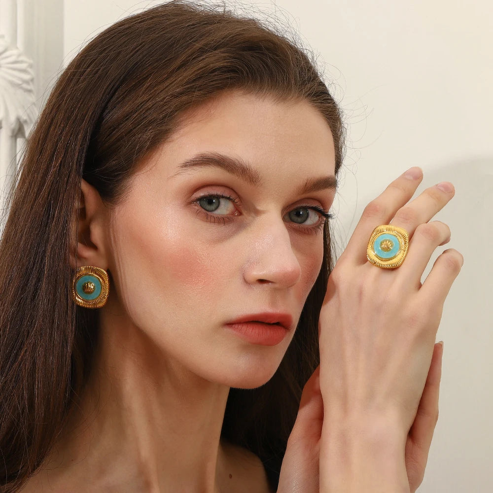 E.B.belle New Design Blue Drop Oil Square Shell Trendy Women's Earrings Rings 18K Gold Plated Stainless Steel Jewelry Set