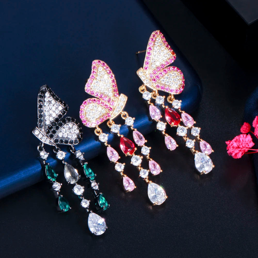 ThreeGraces Elegant Black Cubic Zirconia Butterfly Shape Long Dangle Tassel Earrings for Women New Fashion Party Jewelry E1281