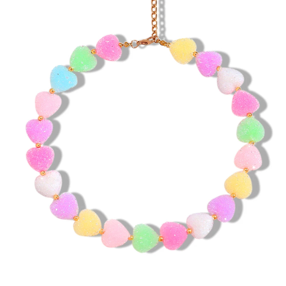 Sweet Candy Colored Resin Love Heart Choker Necklace for Women Cute Geometric Heart Shape Collar Necklace Summer Jewelry Gifts