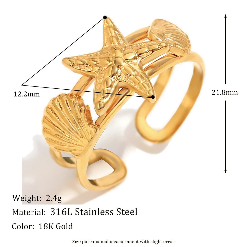 E.B.belle Ocean Style Double Layer Starfish Shell Opening Ring For Women Stainless Steel Gold Plated Vacation Chic Jewelry
