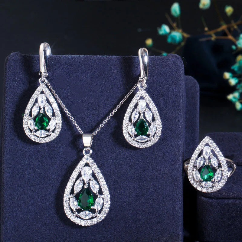 ThreeGraces Shining Red Zirconia Water Drop Shape Earring Necklace Ring Fashion Bridal Party Jewelry Set for Women JS554
