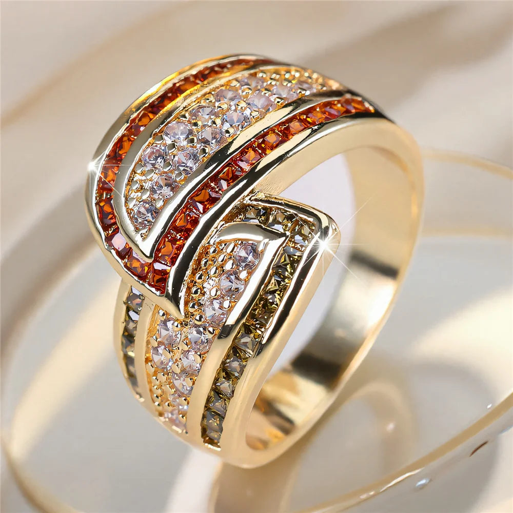 Cute Female White Zircon Stone Gold Color Wedding Jewelry Promise Engagement Wheat Rings For Women