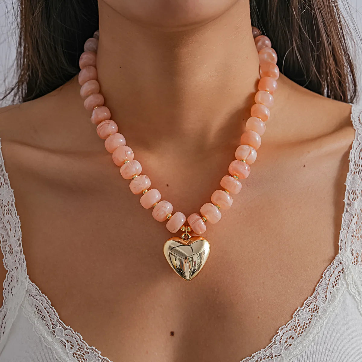 KMVEXO Bohemia Colorful Resin Beaded Heart Pendant Acrylic Necklaces for Women Aesthetic Y2K Fashion Choker Necklace Jewelry ﻿