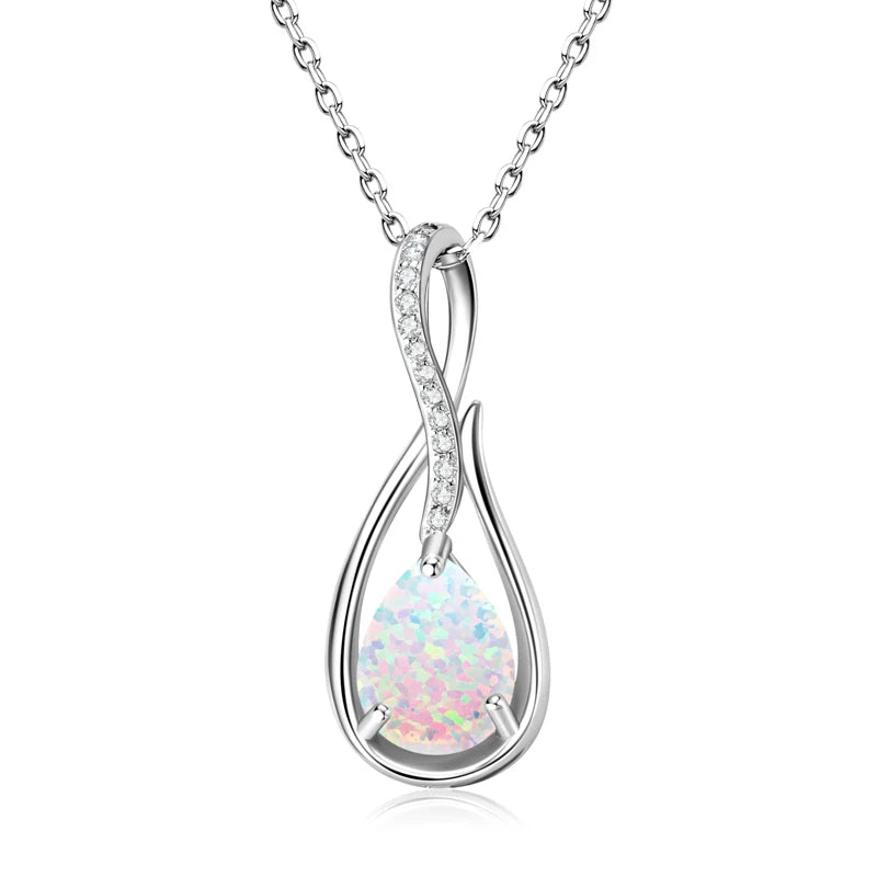 925 Sterling Silver Fashion Zircon Necklace 10x7mm Water Drop White Opal Ladies Pendant Necklace for Women Elegant Gemstone Gift