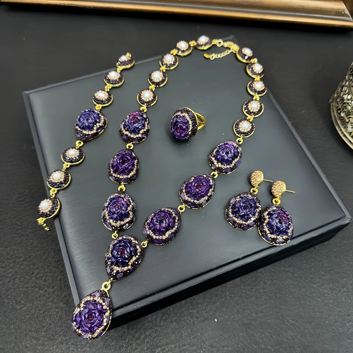 Rose Flower Amethyst Carving Crystal Jewelry Set for Women Rhinestone Quartz Cutting Bangle Rings Necklace Luxury Sets for Wed