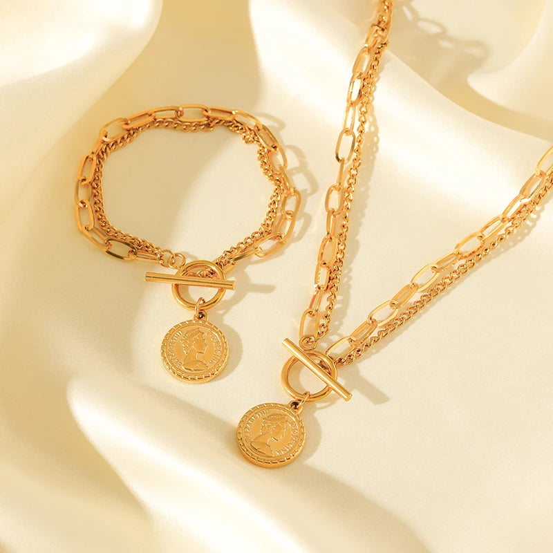 EILIECK 316L Stainless Steel Gold Color Portrait Coin Necklace Bracelets Set For Women New Trendy OT Buckle Waterproof Jewelry