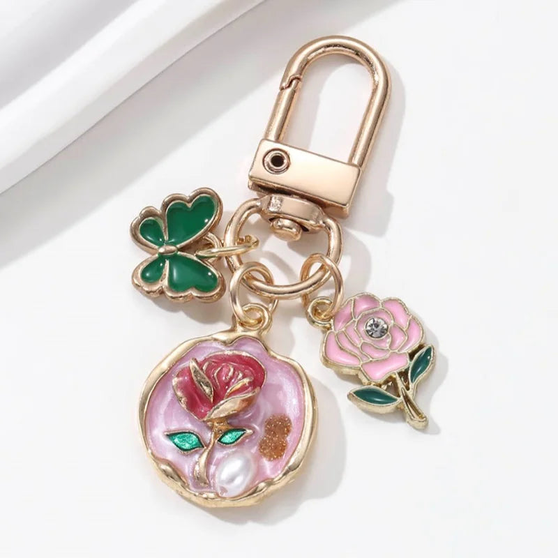 Pretty Flower Pearl Butterfly Enamel Keychain Cartoon Baroque style Plant Key Ring For Women Girls Handmade Gift DIY Jewelry