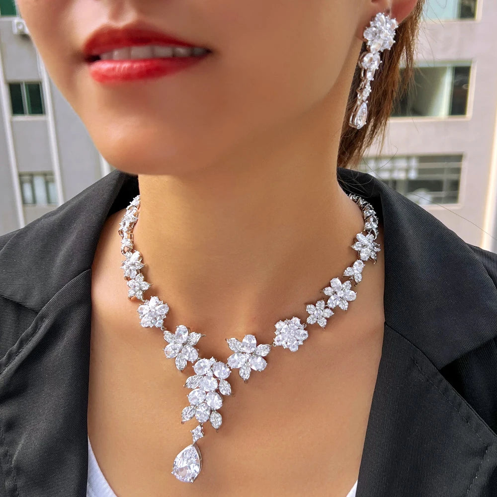 ThreeGraces Luxurious Shiny Water Drop Zirconia Long Flower Necklace Earrings Bridal Wedding Party Jewelry Set for Women T1028