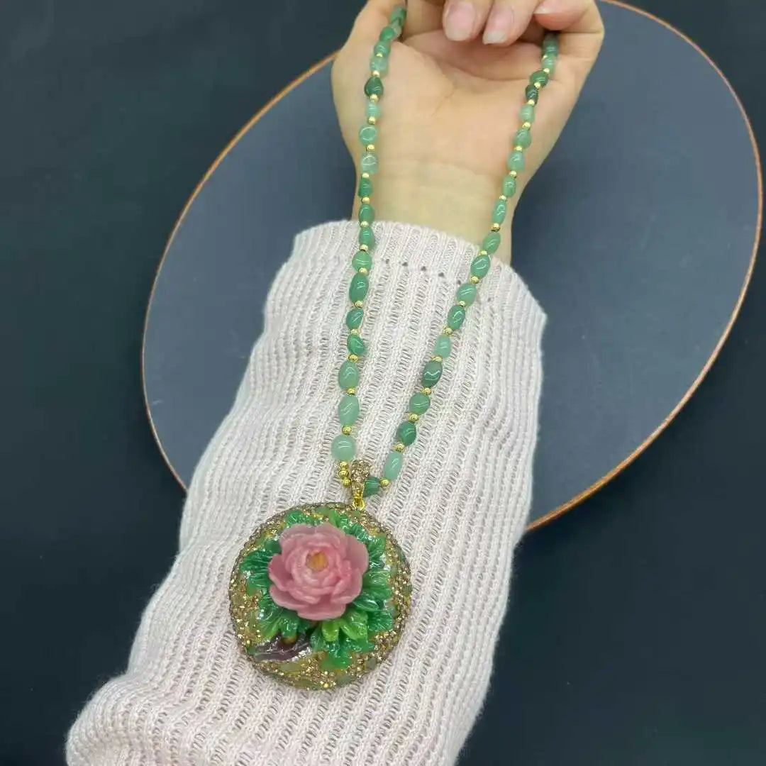 Turkish Natural Tourmaline Crystal Stone Neckalce Jade 3D Peony Flower Pattern Gemstone Pendant Charm Chain Women Lucky Jewelry