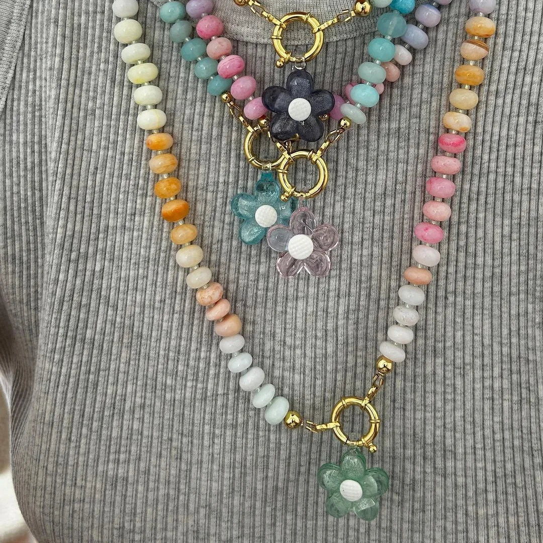 Handmade Colorful Glass Beaded Flower Neckalce Stainless Steel Geometric Natural Stone Pendant Choker Summer Beach Jewelry Gift
