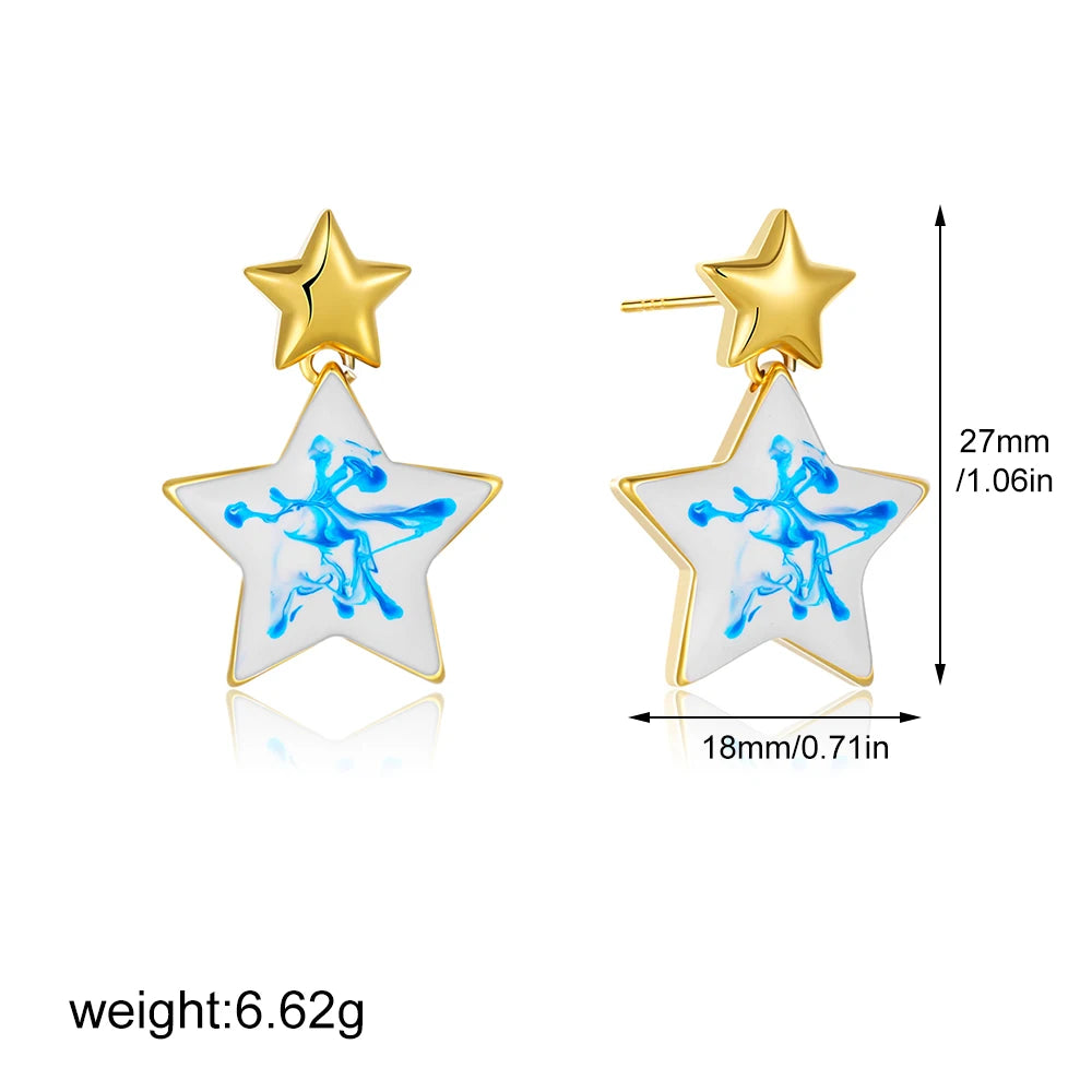 Blue White Porcelain Star Moon Oval Drop Earrings for Women Stainless Steel Gold Color Geometric Dangle Earrings Jewelry Gift