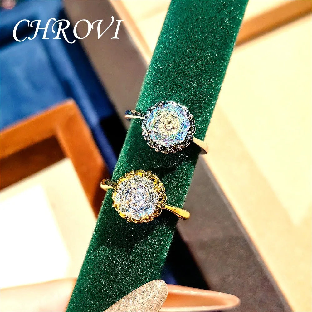 Light luxury 925 sterling silver round rose necklace with dazzling zircon stud earrings and gemstone ring set for women