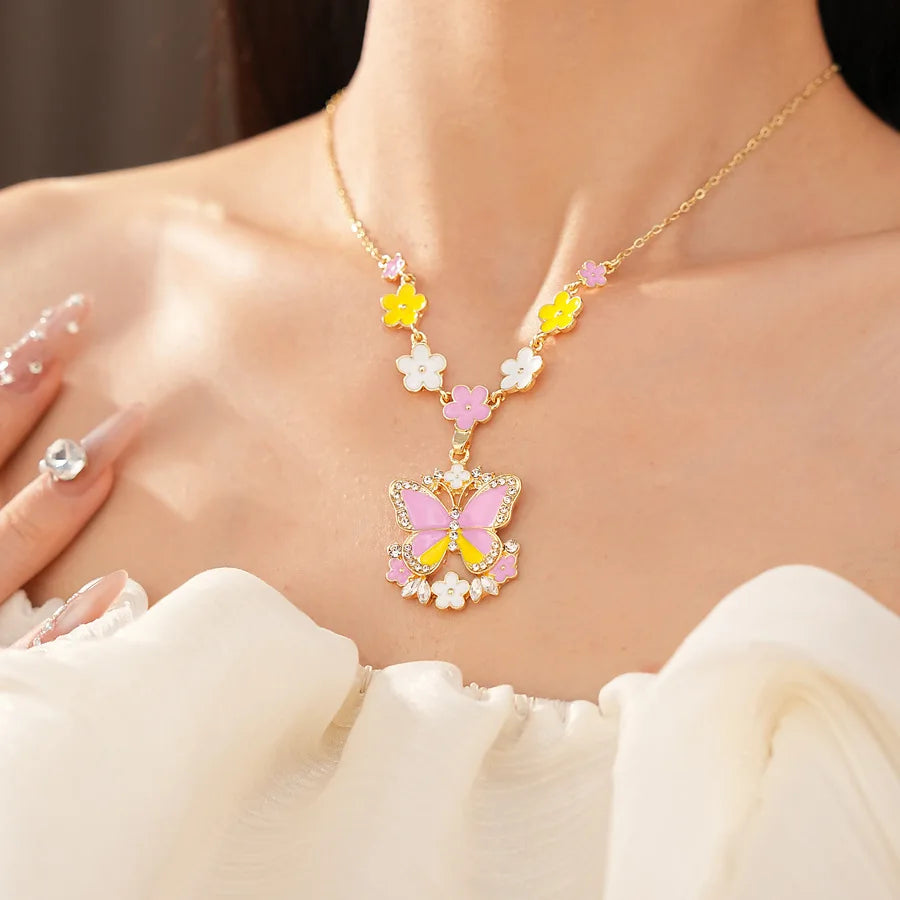 Pink Yellow Butterfly Flower Jewelry Set Sweet Enamel Necklace Drop Earrings Women's Fashion Party Banquet Accessories K