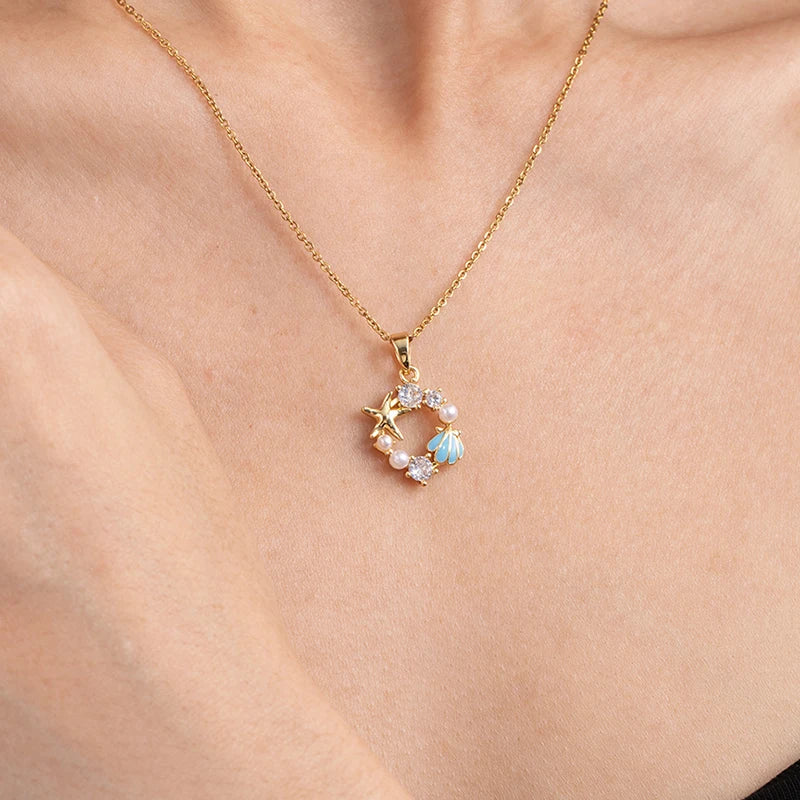 ANENJERY 316L Stainless Steel Flower Butterfly Shell Pendant Necklace For Women Delicate Elegant Fashion Jewelry Gifts Wholesale