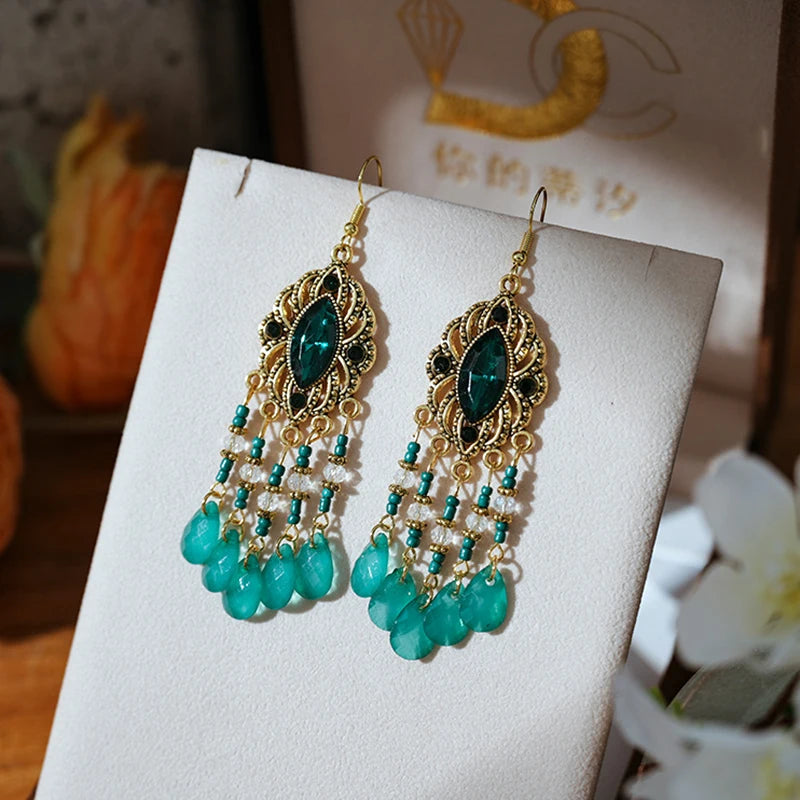 New Bohemian Ethnic Colorful Water Drop Tassel Earrings for Women Long Hollow Antique Gold Color Dangle Earring Pendientes Mujer