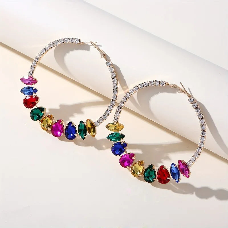 1 Pair Luxury Fashion Statement Hoop Earrings Multicolor Rhinestone Embellished Round Circle Design Ear Jewelry Gifts for Women
