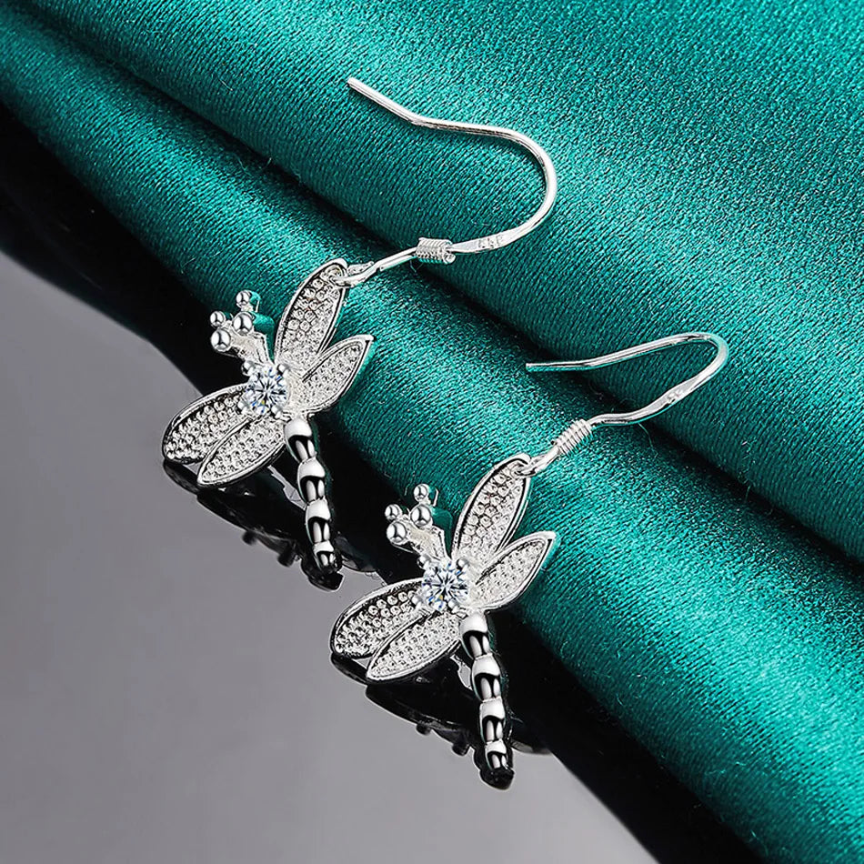 URMYLADY 925 Sterling Silver Dragonfly Zircon Earrings For Women Fashion Wedding Engagement Party Jewelry