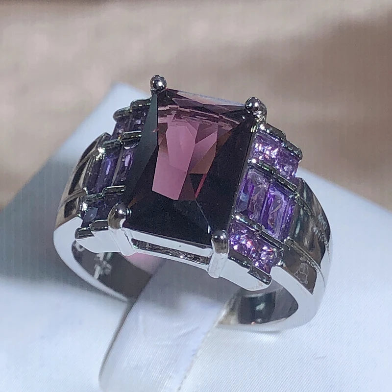 New Fashion Purple Zircon Square Ring Women 925 Stamp Exquisite Luxury Large Rectangular Zircon Party Birthday Gift