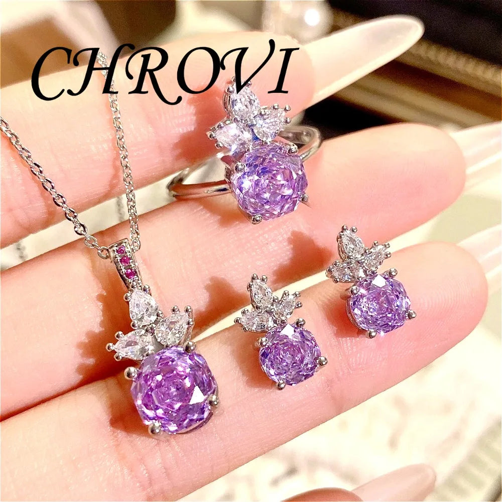 Luxury 925 Sterling Silver Millennium Rose Diamond Pendant Necklace, Diamond Ring and Stud Earring Set