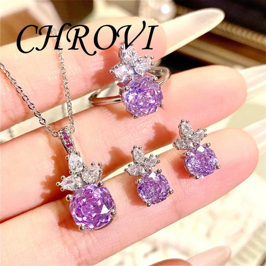 Luxury 925 Sterling Silver Millennium Rose Diamond Pendant Necklace, Diamond Ring and Stud Earring Set