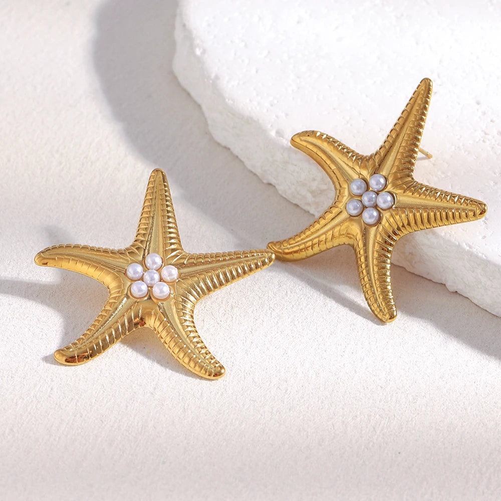 E.B.belle Exaggertaed Summer Beach Imitation Pearl Starfish Stud Earrings 18k Gold Plated Stainless Steel Holiday Women Jewelry