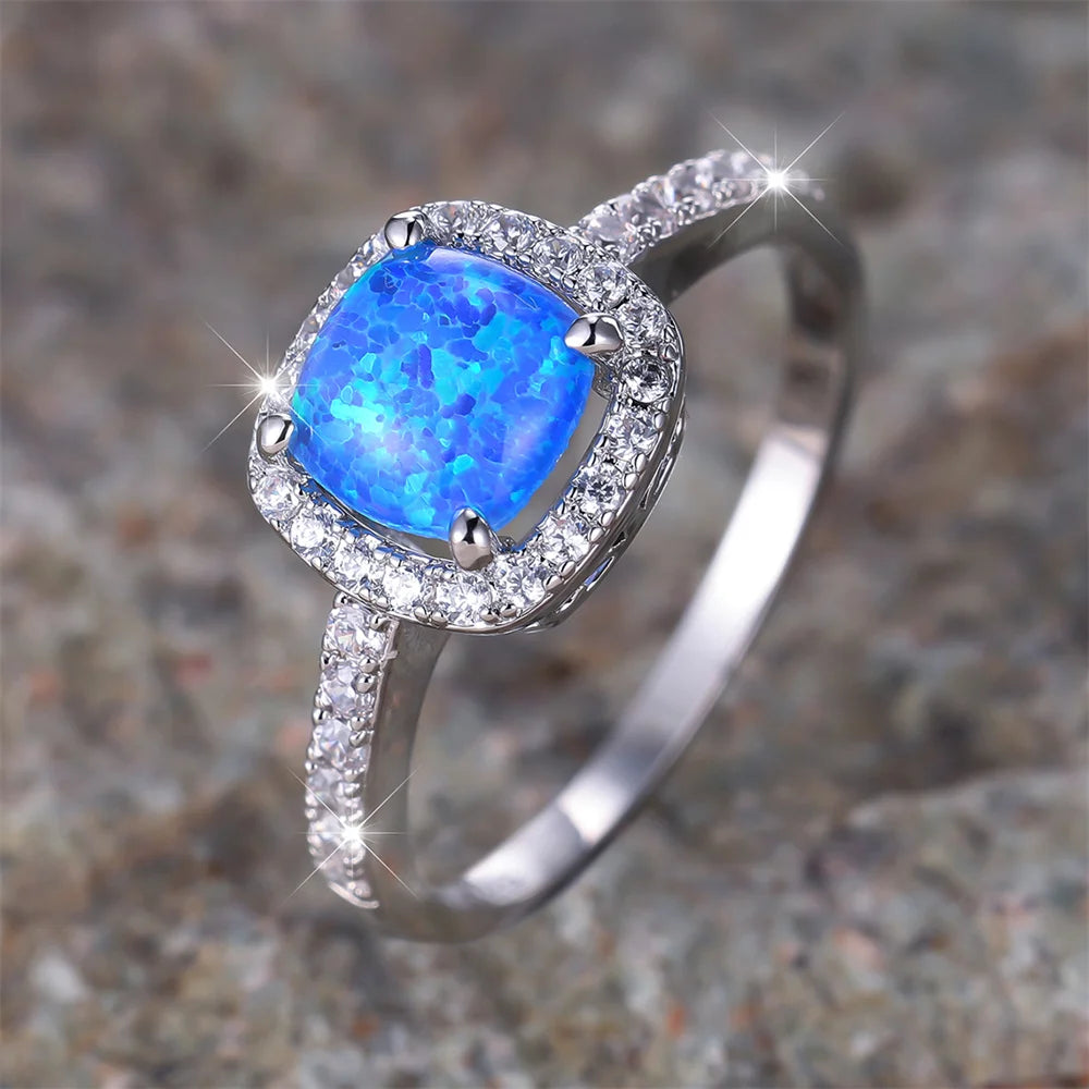 Blue Opal Square Engagement Ring White Round CZ Stone Wedding Rings For Women Silver Color Jewelry Simple Fashion Accessory Gift