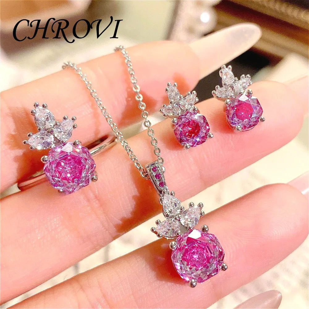 Luxury 925 Sterling Silver Millennium Rose Diamond Pendant Necklace, Diamond Ring and Stud Earring Set