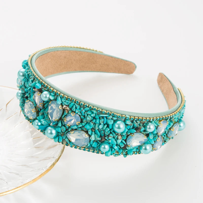 European and American Personalized Design Colorful Turquoise Rhinestone Hair Band Wide Edge Fabric Candy Color Headband