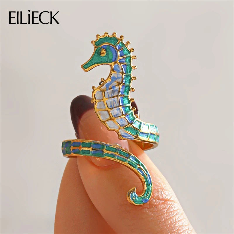 EILIECK 316L Stainless Steel Enamel Seahorse Open Adjustable Ring for Women Water Resistant Fashion Chic Ring Jewelry Bijoux
