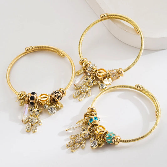 Gold Stainless Steel Pandora Bracelet With Personalized Bear Letter Pendant And Adjustable Opening For Women