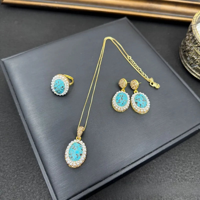 NISHIZAWA Turquoise Pearls Earrings for Women Turkish Style Vintage Jewelry Sets Elegant Geometric Fashion Pendientes Mujer