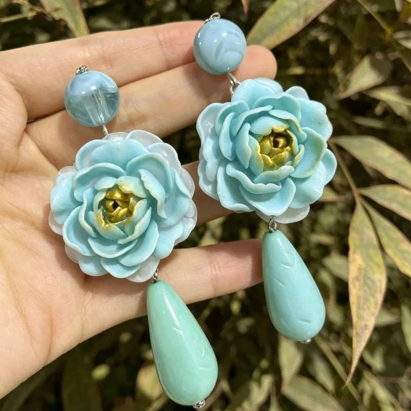 Blue Flowers Earrings for Women Teardrop Vintage Palace Style Sweet Pendientes Mujer Elegant Exquisite  Versatile Jewelry