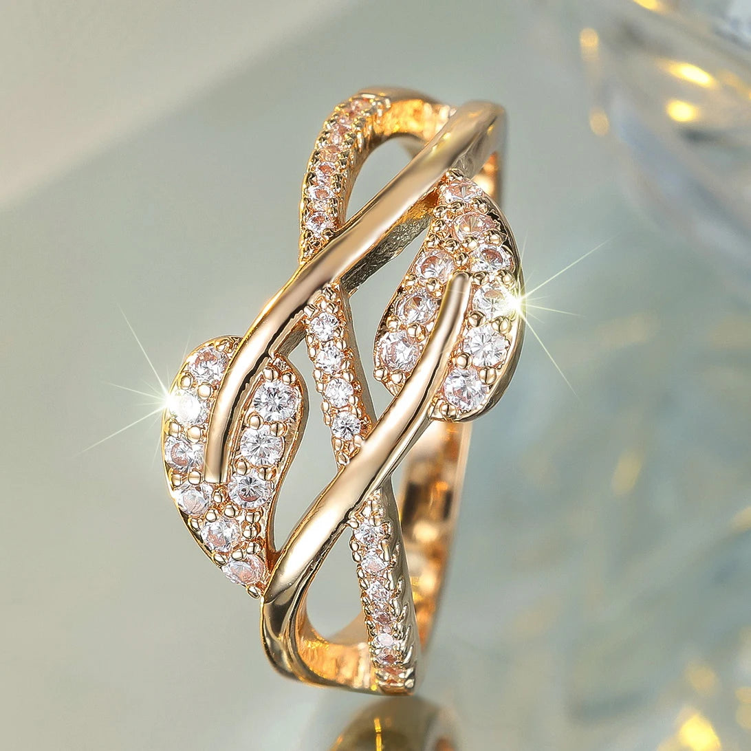 Cute Female White Zircon Stone Tree Leaf Ring Gold Color Engagement Charm Wedding Jewelry For Women