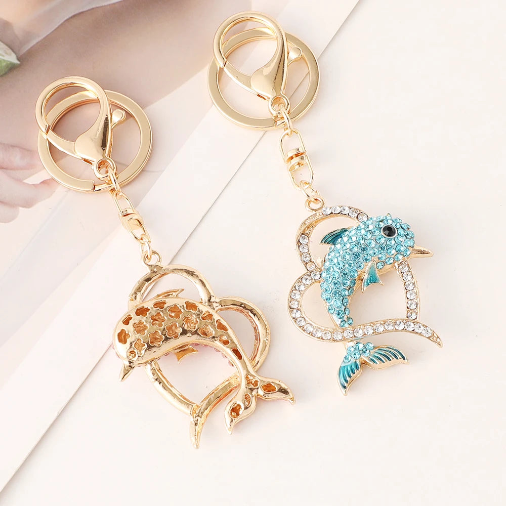 Dolphin Love Key Chain Women's Luxury Bag Pendant Crystal Rhinestone Key Ring Marine Animal Gift for Family Girlfriend