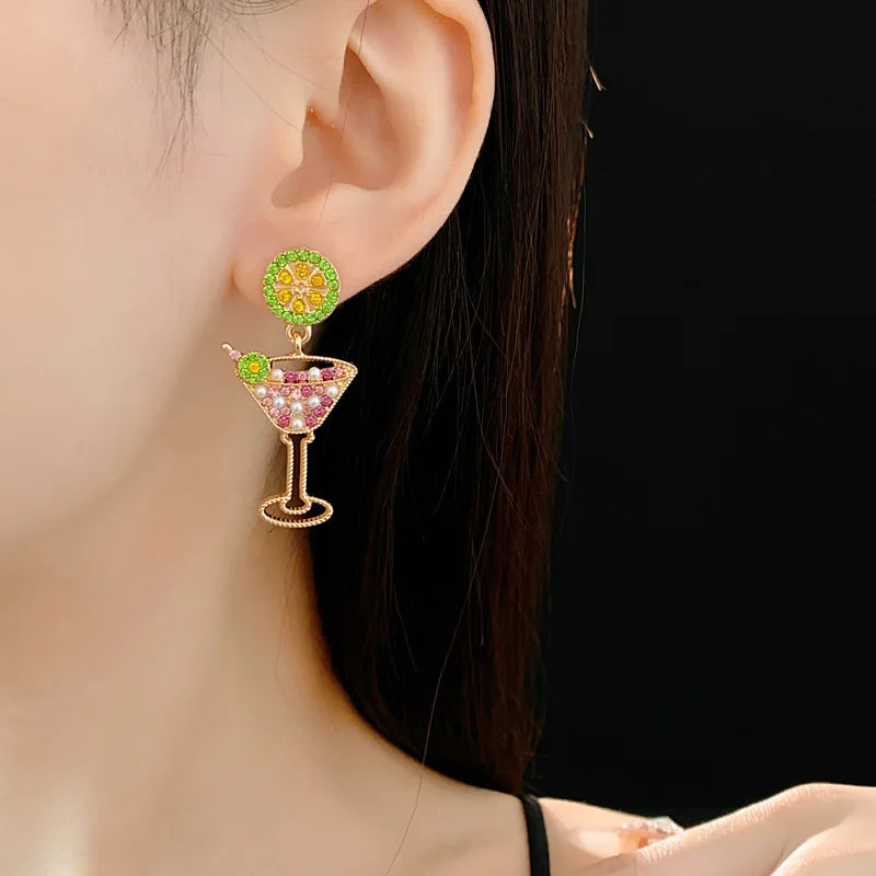 Vintage Lime Wine Glass Earrings for Women Temperament Light Luxury Inlaid Rhinestone Pearl Earring High-grade Sense Jewelry