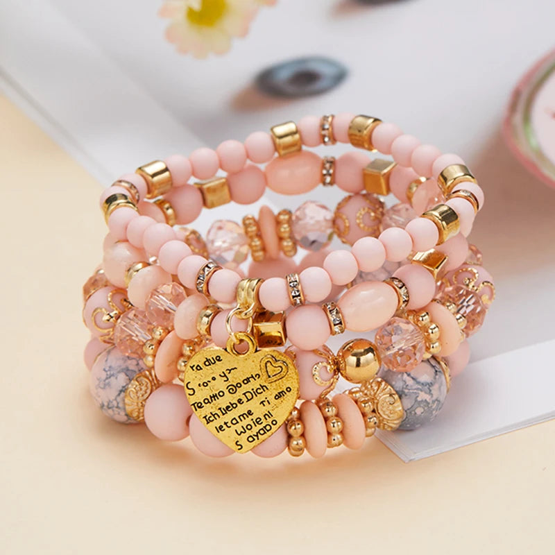4pcs/set Bohemian Stackable Bead Bracelets for Women Multilayered Bracelet Pendant Charm Stretch Bangles