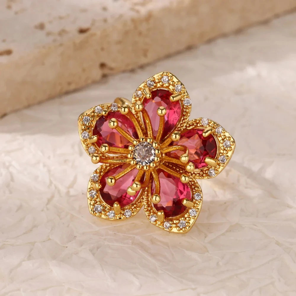 Stainless Steel Rings Gold Plated Colorful Stone Zircon Crystal Luxury Flower Ring For Women Wedding Jewelry Christmas Gift New