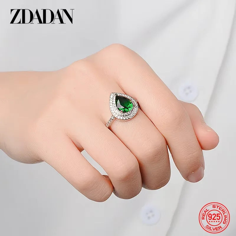 ZDADAN 925 Sterling Silver Water Drop Zircon Ring For Women Fashion Jewelry Gift