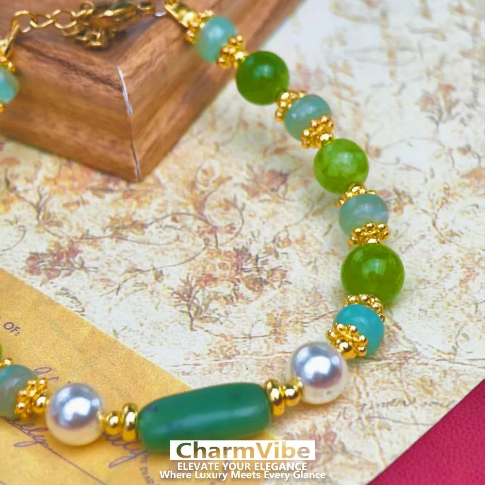 Natural Green stone Bracelet for Women Golden Pearl Adjustable Lobster Clasp Bracelet Boho Wedding Party Jewelry Gift