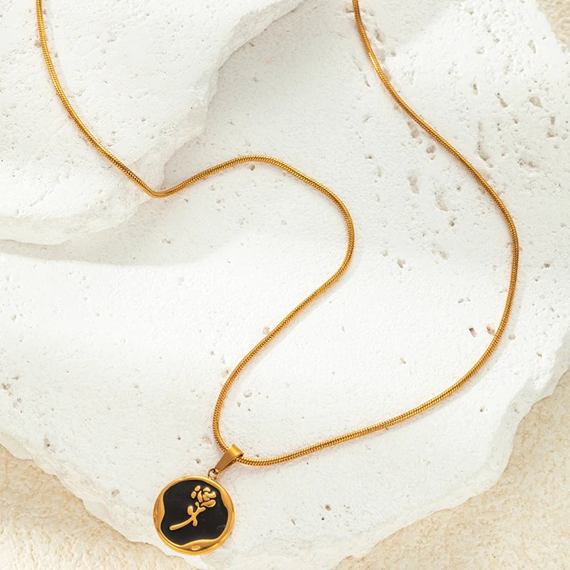 ANENJERY 316L Stainless Steel Rose Black White Pendant Necklace Earring For Women Vintage Gentle Jewelry Set Gifts