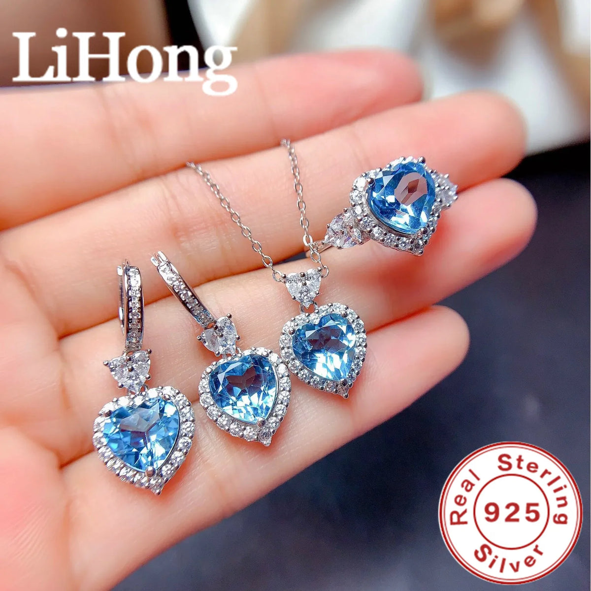 925 Sterling Silver Fine Jewelry Set Heart Shaped Blue Zircon Earrings Set Ring Pendant Earrings Women Engagement Party