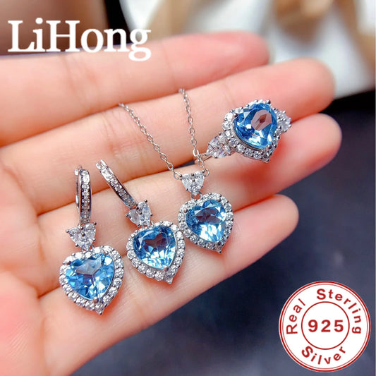 925 Sterling Silver Fine Jewelry Set Heart Shaped Blue Zircon Earrings Set Ring Pendant Earrings Women Engagement Party
