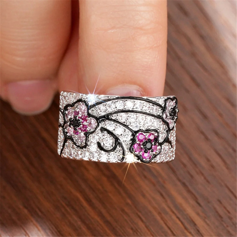 Cute Female White Red Zircon Round Stone Silver Color Wedding Jewelry Promise Engagement Rings For Women