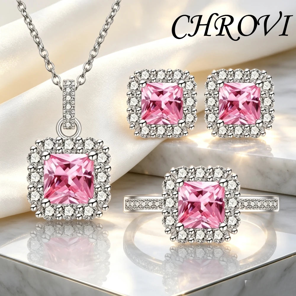 Luxury 925 Sterling Silver Gemstone Small Square Beads with Zirconia Necklace, Earrings, Ring Set and Decorative Items
