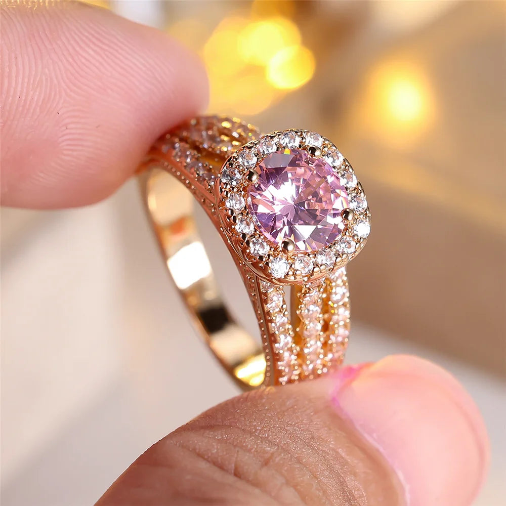 Luxury Female Yellow Gold Color White Pink Zircon Stone Wedding Jewelry Promise Love Engagement Rings For Women