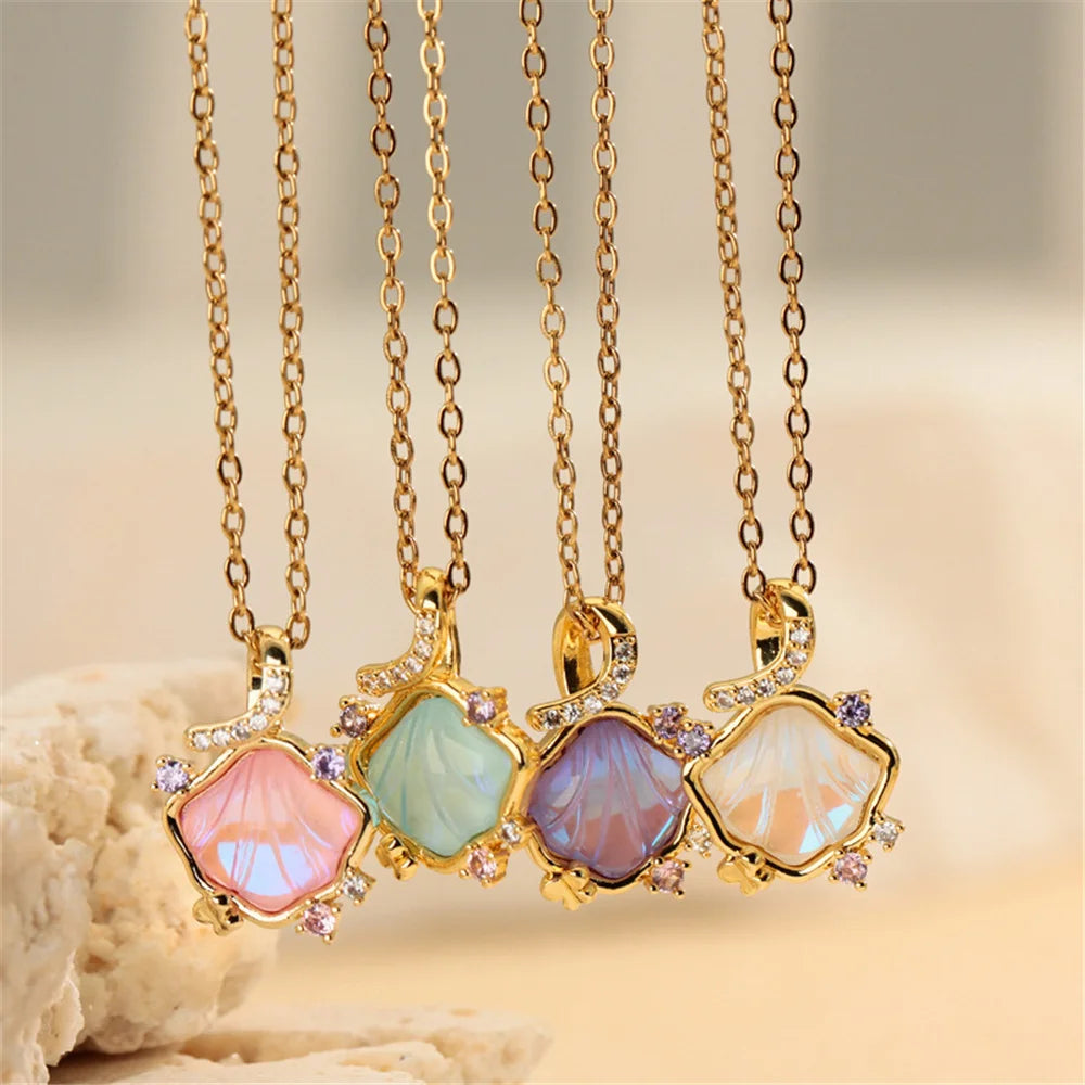 Rainbow Shell Luxury Female Blue Pink Green Zircon 2026 New Trendy Pendant Necklace Gold Silver Color Wedding Jewelry For Women