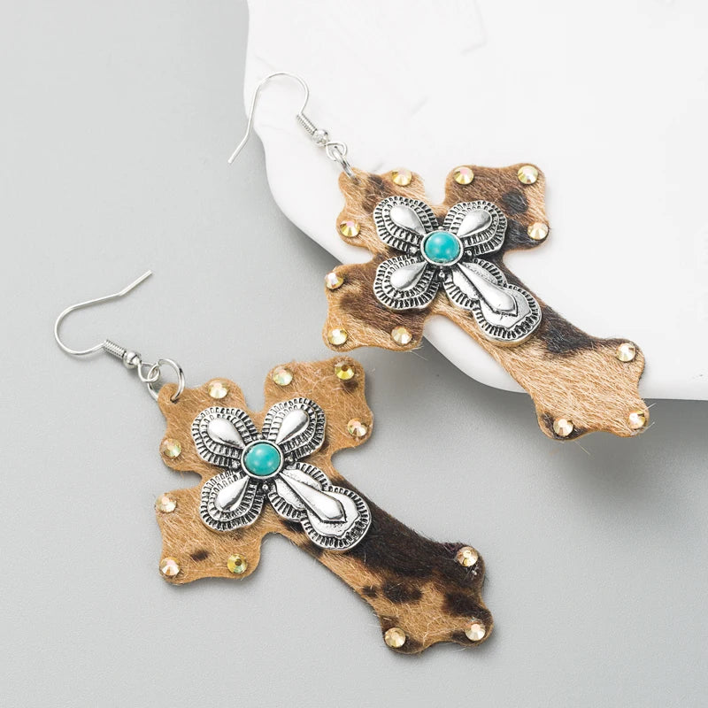 Hot Selling Earrings, European and American Trends, Leopard Print Leather Cross eEarrings, Alloy Set With Turquoise Earrings