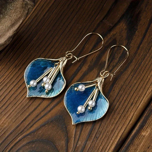 Vintage Geometric Blue Color Drip Oil Flower Pearl Asymmetry Drop Dangle Earrings for Women Female Party Pendant Custom Jewelry